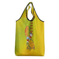 Hawaiian Mango Mele Kalikimaka Grocery Bag Santa Claus Surfing with Turtle Mango Christmas