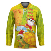 Hawaiian Mango Mele Kalikimaka Hockey Jersey Santa Claus Surfing with Turtle Mango Christmas