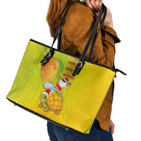 Hawaiian Mango Mele Kalikimaka Leather Tote Bag Santa Claus Surfing with Turtle Mango Christmas
