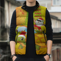 Hawaiian Mango Mele Kalikimaka Sleeveless Puffer Jacket Santa Claus Surfing with Turtle Mango Christmas