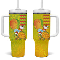 Hawaiian Mango Mele Kalikimaka Tumbler With Handle Santa Claus Surfing with Turtle Mango Christmas