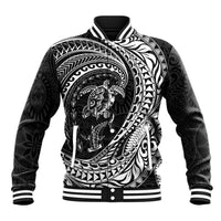Hawaiian Turtle and Shark Baseball Jacket Kakau Tribal with Polynesian Pattern Black Color