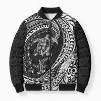 Hawaiian Turtle and Shark Bomber Puffer Jacket Kakau Tribal with Polynesian Pattern Black Color