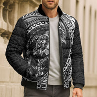Hawaiian Turtle and Shark Bomber Puffer Jacket Kakau Tribal with Polynesian Pattern Black Color