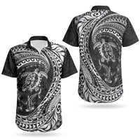 Hawaiian Turtle and Shark Couples Matching Long Sleeve Bodycon Dress and Hawaiian Shirt Kakau Tribal with Polynesian Pattern Black Color