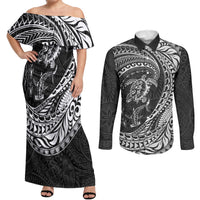 Hawaiian Turtle and Shark Couples Matching Off Shoulder Maxi Dress and Long Sleeve Button Shirt Kakau Tribal with Polynesian Pattern Black Color