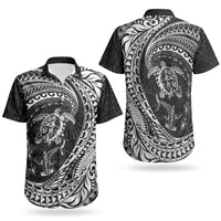 Hawaiian Turtle and Shark Couples Matching Short Sleeve Bodycon Dress and Hawaiian Shirt Kakau Tribal with Polynesian Pattern Black Color