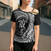 Hawaiian Turtle and Shark Cross Shoulder Shirt Kakau Tribal with Polynesian Pattern Black Color