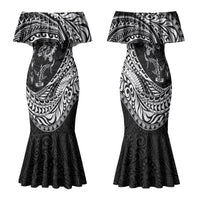 Hawaiian Turtle and Shark Family Matching Mermaid Dress and Hawaiian Shirt Kakau Tribal with Polynesian Pattern Black Color