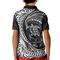 Hawaiian Turtle and Shark Kid Polo Shirt Kakau Tribal with Polynesian Pattern Black Color