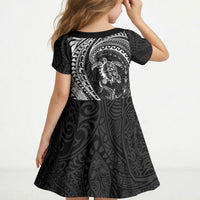 Hawaiian Turtle and Shark Kid Short Sleeve Dress Kakau Tribal with Polynesian Pattern Black Color