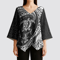 Hawaiian Turtle and Shark Kimono Sleeve Blouse Kakau Tribal with Polynesian Pattern Black Color