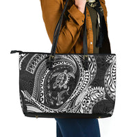 Hawaiian Turtle and Shark Leather Tote Bag Kakau Tribal with Polynesian Pattern Black Color
