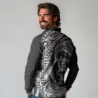 Hawaiian Turtle and Shark Long Sleeve Polo Shirt Kakau Tribal with Polynesian Pattern Black Color