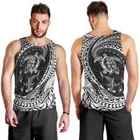 Hawaiian Turtle and Shark Men Tank Top Kakau Tribal with Polynesian Pattern Black Color