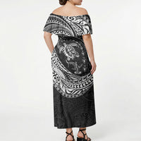 Hawaiian Turtle and Shark Off Shoulder Maxi Dress Kakau Tribal with Polynesian Pattern Black Color