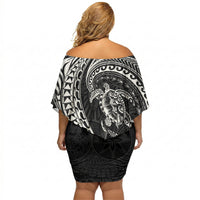 Hawaiian Turtle and Shark Off Shoulder Short Dress Kakau Tribal with Polynesian Pattern Black Color