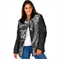 Hawaiian Turtle and Shark Padded Jacket Kakau Tribal with Polynesian Pattern Black Color