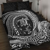 Hawaiian Turtle and Shark Quilt Bed Set Kakau Tribal with Polynesian Pattern Black Color