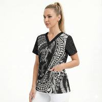 Hawaiian Turtle and Shark Scrub Top Kakau Tribal with Polynesian Pattern Black Color