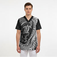 Hawaiian Turtle and Shark Scrub Top Kakau Tribal with Polynesian Pattern Black Color