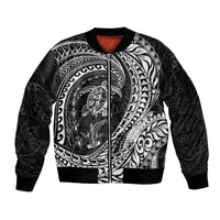 Hawaiian Turtle and Shark Sleeve Zip Bomber Jacket Kakau Tribal with Polynesian Pattern Black Color