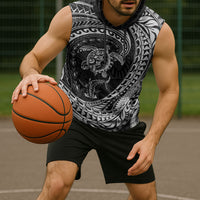 Hawaiian Turtle and Shark Sleeveless Hoodie Kakau Tribal with Polynesian Pattern Black Color