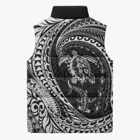 Hawaiian Turtle and Shark Sleeveless Puffer Jacket Kakau Tribal with Polynesian Pattern Black Color