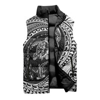 Hawaiian Turtle and Shark Sleeveless Puffer Jacket Kakau Tribal with Polynesian Pattern Black Color