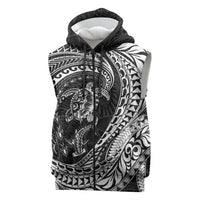 Hawaiian Turtle and Shark Sleeveless Zip Hoodie Kakau Tribal with Polynesian Pattern Black Color
