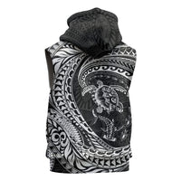 Hawaiian Turtle and Shark Sleeveless Zip Hoodie Kakau Tribal with Polynesian Pattern Black Color