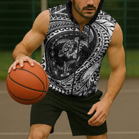 Hawaiian Turtle and Shark Sleeveless Zip Hoodie Kakau Tribal with Polynesian Pattern Black Color