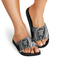 Hawaiian Turtle and Shark Slide Sandals Kakau Tribal with Polynesian Pattern Black Color