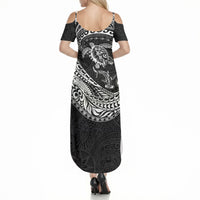 Hawaiian Turtle and Shark Summer Maxi Dress Kakau Tribal with Polynesian Pattern Black Color