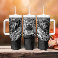 Hawaiian Turtle and Shark Tumbler With Handle Kakau Tribal with Polynesian Pattern Black Color