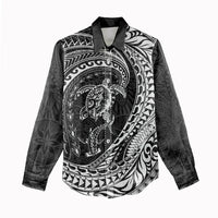 Hawaiian Turtle and Shark Women Casual Shirt Kakau Tribal with Polynesian Pattern Black Color
