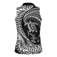Hawaiian Turtle and Shark Women Sleeveless Polo Shirt Kakau Tribal with Polynesian Pattern Black Color
