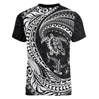 Hawaiian Turtle and Shark Women V-Neck T-Shirt Kakau Tribal with Polynesian Pattern Black Color