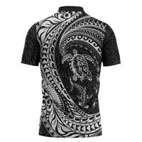 Hawaiian Turtle and Shark Zipper Polo Shirt Kakau Tribal with Polynesian Pattern Black Color