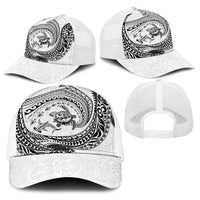 Hawaiian Turtle and Shark Baseball Net Cap Kakau Tribal with Polynesian Pattern White Color