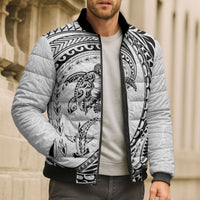 Hawaiian Turtle and Shark Bomber Puffer Jacket Kakau Tribal with Polynesian Pattern White Color