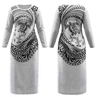 Hawaiian Turtle and Shark Couples Matching Long Sleeve Bodycon Dress and Hawaiian Shirt Kakau Tribal with Polynesian Pattern White Color