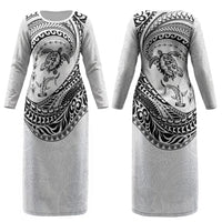 Hawaiian Turtle and Shark Couples Matching Long Sleeve Bodycon Dress and Long Sleeve Button Shirt Kakau Tribal with Polynesian Pattern White Color