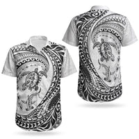 Hawaiian Turtle and Shark Couples Matching Off Shoulder Maxi Dress and Hawaiian Shirt Kakau Tribal with Polynesian Pattern White Color