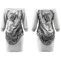 Hawaiian Turtle and Shark Couples Matching Off The Shoulder Long Sleeve Dress and Long Sleeve Button Shirt Kakau Tribal with Polynesian Pattern White Color