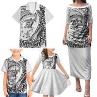 Hawaiian Turtle and Shark Family Matching Puletasi and Hawaiian Shirt Kakau Tribal with Polynesian Pattern White Color