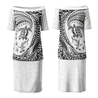 Hawaiian Turtle and Shark Family Matching Puletasi and Hawaiian Shirt Kakau Tribal with Polynesian Pattern White Color