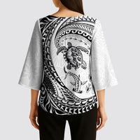 Hawaiian Turtle and Shark Kimono Sleeve Blouse Kakau Tribal with Polynesian Pattern White Color