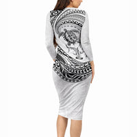 Hawaiian Turtle and Shark Long Sleeve Bodycon Dress Kakau Tribal with Polynesian Pattern White Color