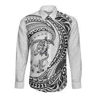 Hawaiian Turtle and Shark Long Sleeve Button Shirt Kakau Tribal with Polynesian Pattern White Color